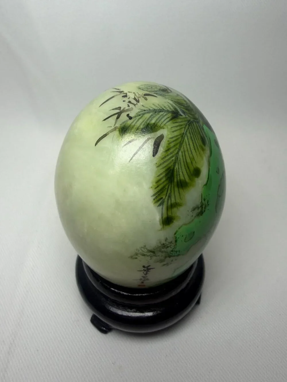 Vtg Signed Chinese Hand-Painted Green Marble Egg Asian Lady Geisha Hua Yun EUC